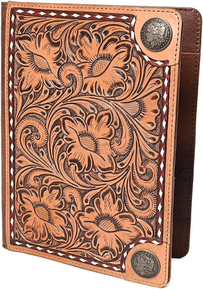 American Darling Hand-Tooled Genuine Leather Portfolio Bag – Floral Carved Western Document Holder for Work & Everyday Organization