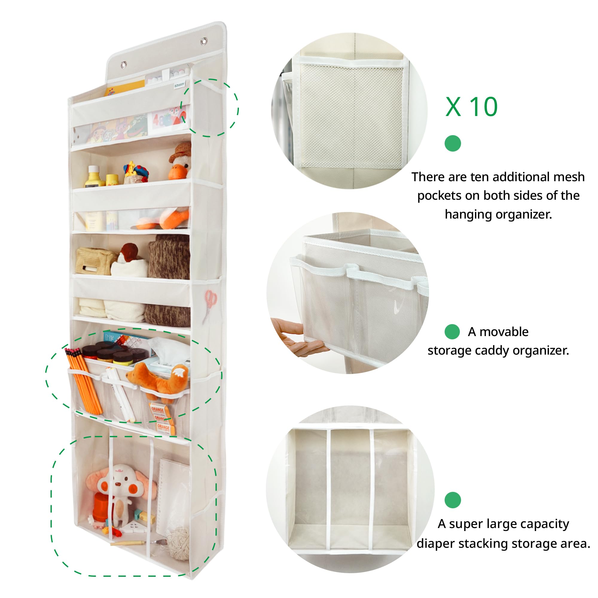 Organiseur de rangement à suspendre à la porte, avec 3 bacs, 1 panier à langer mobile pour bébé, 1 organiseur de rangement empilable de grande capacité, 10 poches latérales, rangement de porte de