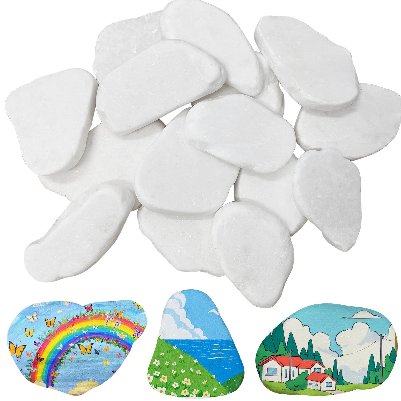 Joycabin 15 Stück Flache Steine zum Bemalen, 3-8cm Gemalter Kieselsteine, Dekosteine Naturstein Natürlicher Flussstein DIY Aquarium Deko Steine für Bunte Malerei und Dekoration Blumentöpfen (Weiß)