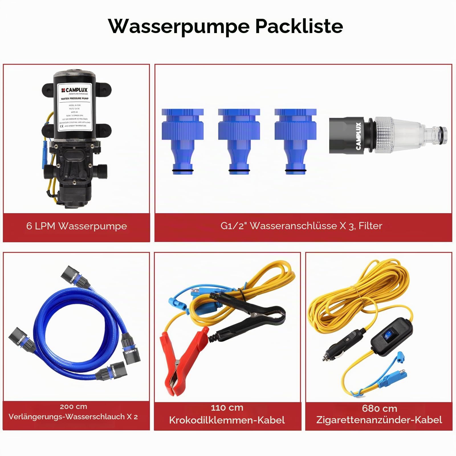 CAMPLUX 12V Wasserpumpe 6L/min, Selbstansaugende Druckwasserpumpe, für Wohnwagen, Boot, Heißes Wasser System, 4.5 Bar/ 65 PSI Schwarz