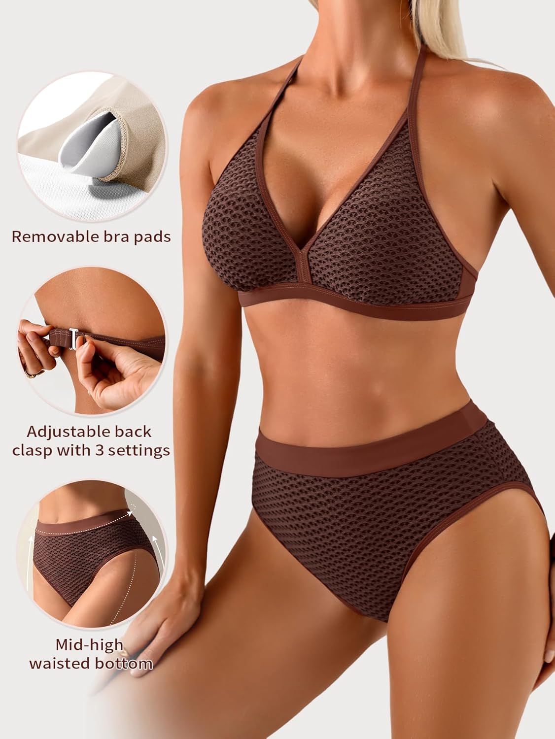 Aidonger Bikini Sets for Women Halter V Neck Two Piece Swimsuit Mid Rise Textured Bathing Suits