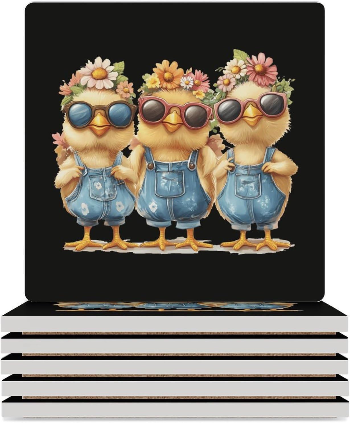 Chicken Mom Lady Coasters for Drinks Square Table Coasters Set Cup Mats with Cork Base