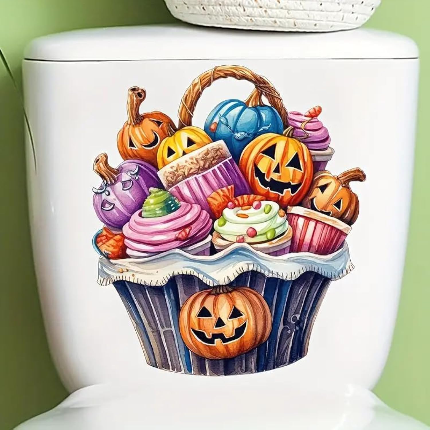Halloween Pumpkin Ghost Ice Cream Toilet Cover Sticker Decals Waterproof Toilet Lid Tank Seat Decals Cistern Self-Adhesive Bathroom Wall Sticker
