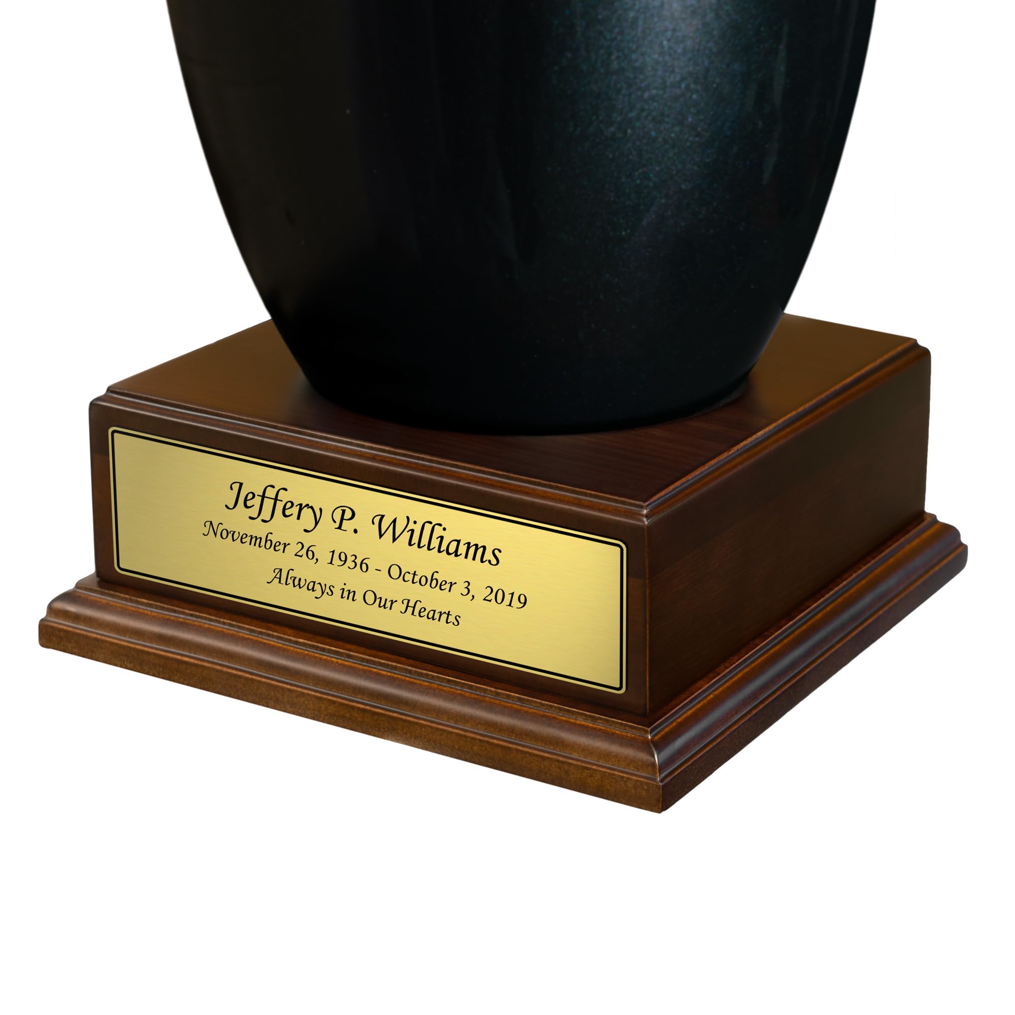 Personalized Medium Size Cremation Urn Pedestal with Gold Name Plate - Includes Custom Engraving - Polished Walnut Wood Finish