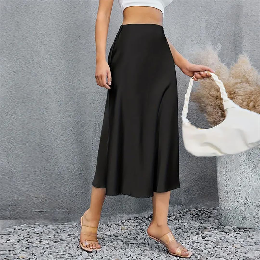 Jupe midi plissée en satin pour femme - Taille élastique - Jupe crayon coréenne en soie
