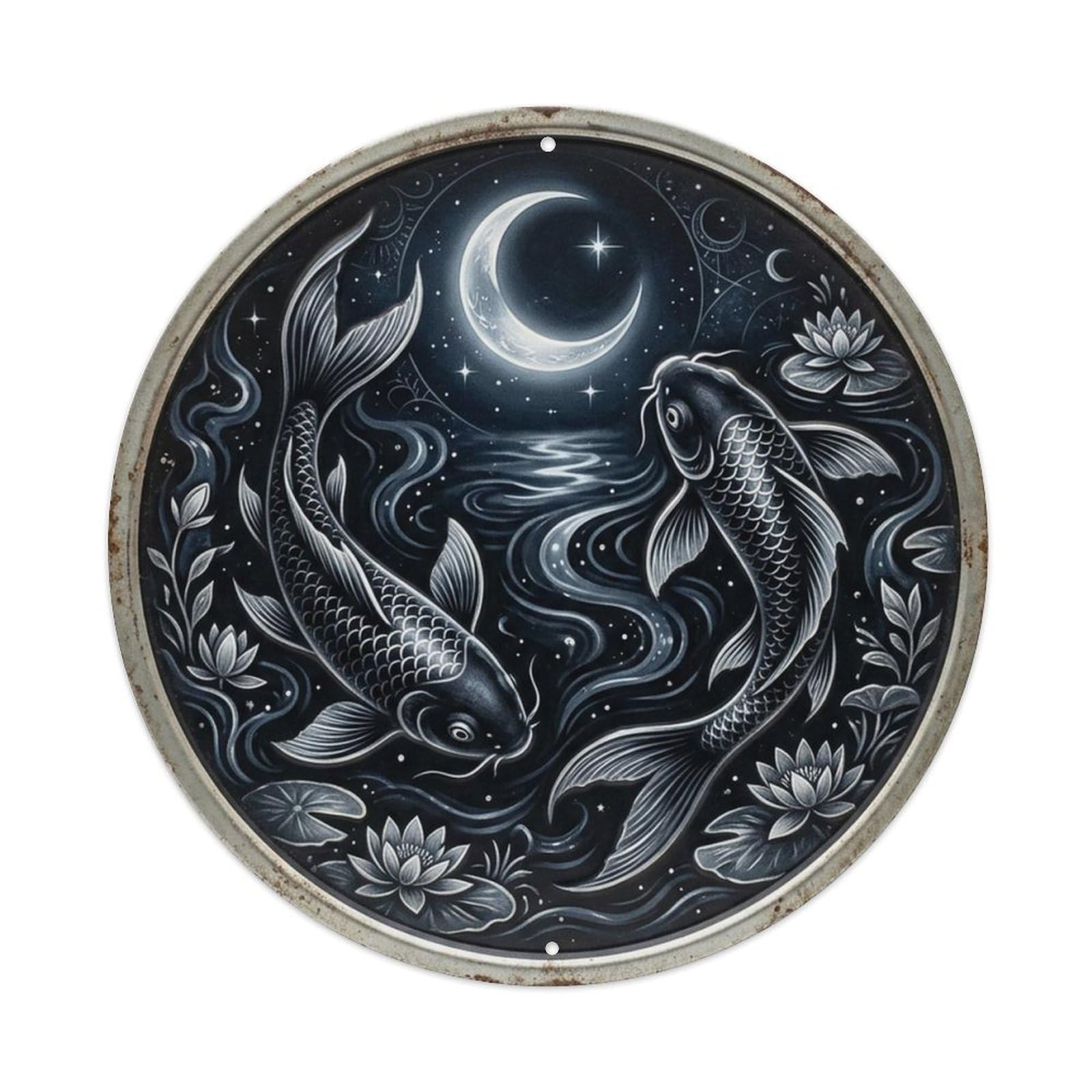 Koi Carp Onyx Midnight Japanese Zen Pond Asian Water Metal Tin Sign Plaque Wall Decor for Cafe, Man Cave, Club Bar, Office, Home Garden Round Metal Poster 8x8Inch