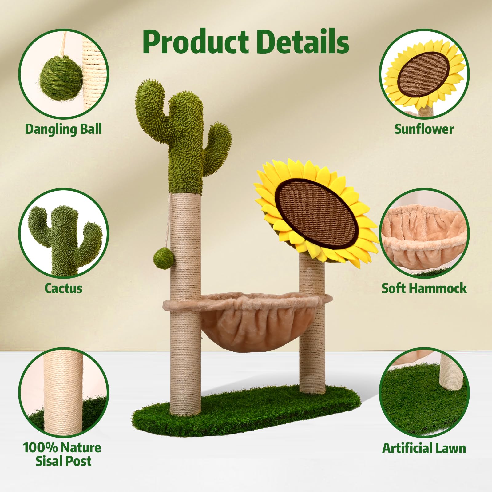 Kmilro Cat Scratching Post, Cactus Sunflower Cat Scratcher with Hammock