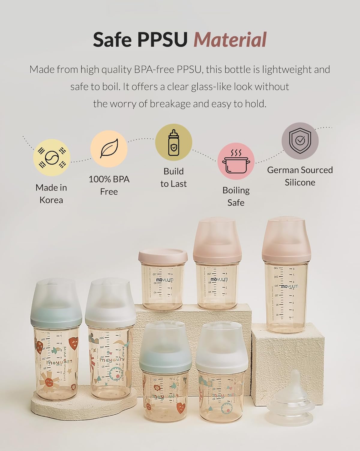 Moyuum MOV.aa Premium PPSU Wide Neck Anti-Colic Baby Bottle | Made in Korea, Microplastic & BPA-Free, Breastfeed Transition, Natural Fit Nipples for Newborns & All Stages - 8 oz (2 Pack, White)