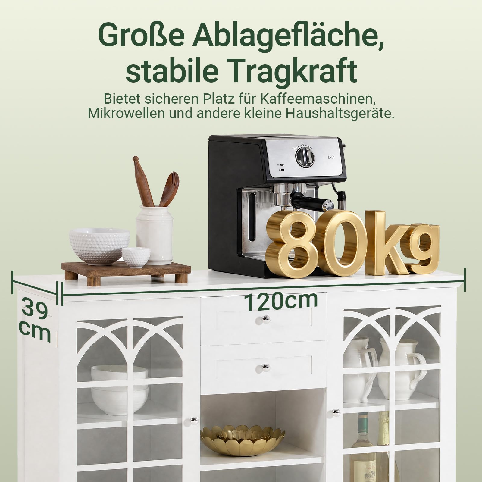 SoBuy Sideboard Küche mit Glastüren, Schubladen & offenem Fach, 120×78×39cm | Buffetschrank, große Arbeitsplatte, 80 kg Tragkraft, staubgeschützt, MDF, für Esszimmer & Wohnzimmer & Kaffeeecke, FSB79-W