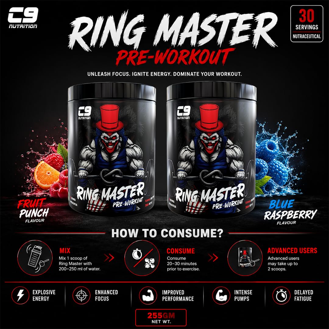 C9 Nutrition Ring Master Pre Workout Powder for Men & Women - 30 Servings, 255gm | 3000mg Beta Alanine, Citrulline Malate, Taurine & Creatine | High Energy, Pump, Strength & Focus (Fruit Punch) — Amazon image 6