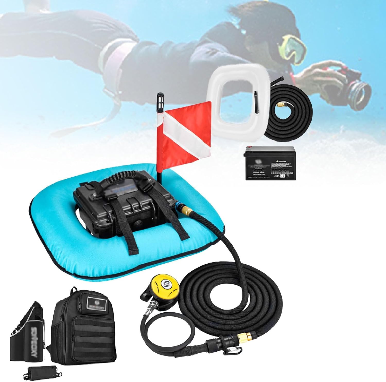 Portable Diving Ventilator, Tankless Scuba Diving System, Can 60-70Min Breathing, with Rechargeable Battery, 9m Hose & Diving Breathing Regulator, Underwater Breathing Device Blue-dualbattery