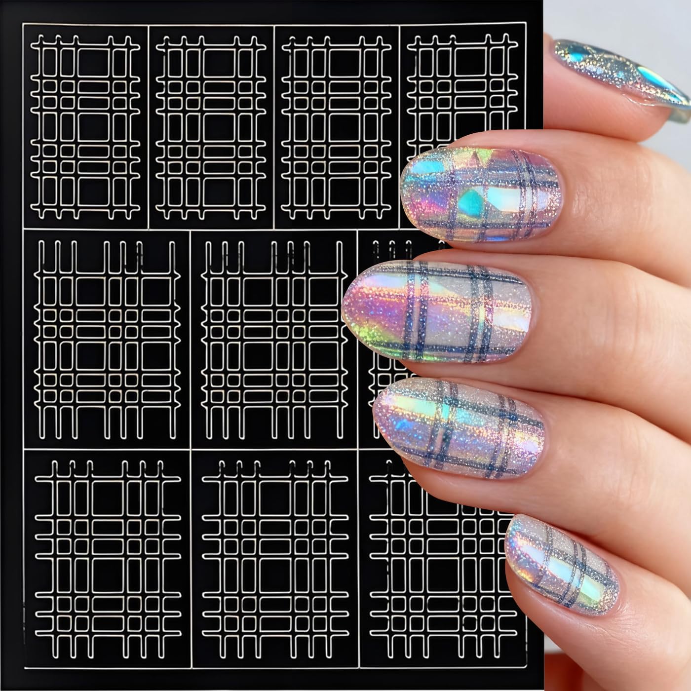 Leopard Nail Art Stickers, Leopard Print Nail Decals 3D Self-Adhesive with Hollow Lines Grid Chessboard Fish Scale Design 6Pcs Glitter Nail Art Supplies for Women Nail Decoration