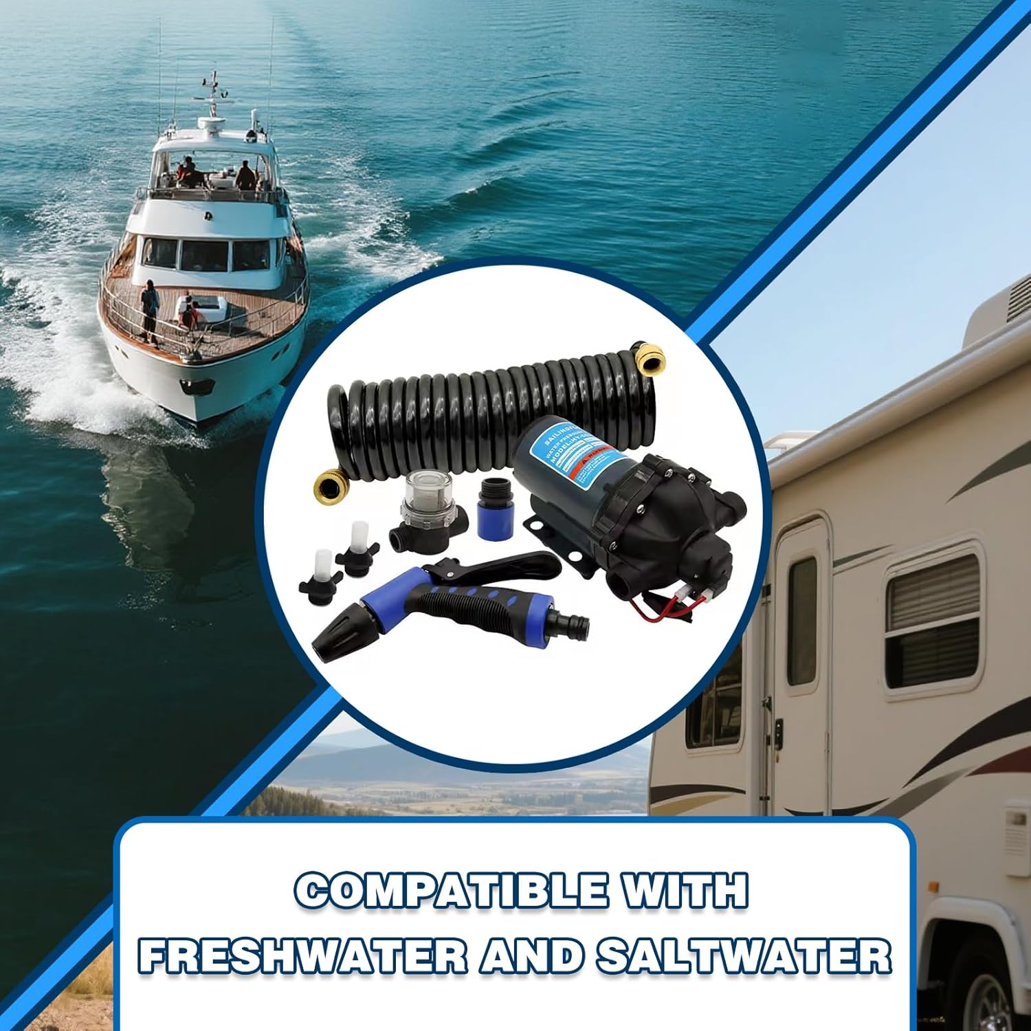 Washdown Kit Deck Wash Pump - 5.5 GPM, 70 PSI, 12V, Self-priming 5 Chamber Diaphragm Water Pressure Pump with 1/2 Inch FNPT Ports for Marine, RV, Boat, Yacht, Car, Mini Motor