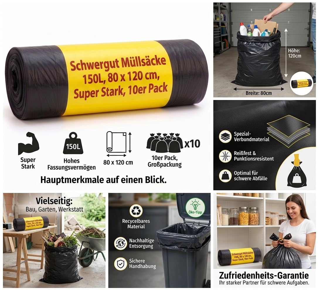 150L Schwergut Müllsäcke 10x 10er Pack, Müllbeutel, Mülltüte, Müllsack