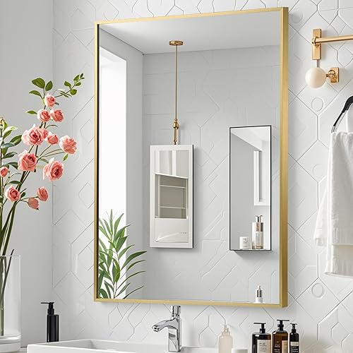 Gold Bathroom Mirror, 24"x36" Rectangle Mirror, Brushed Gold Mirror, Metal