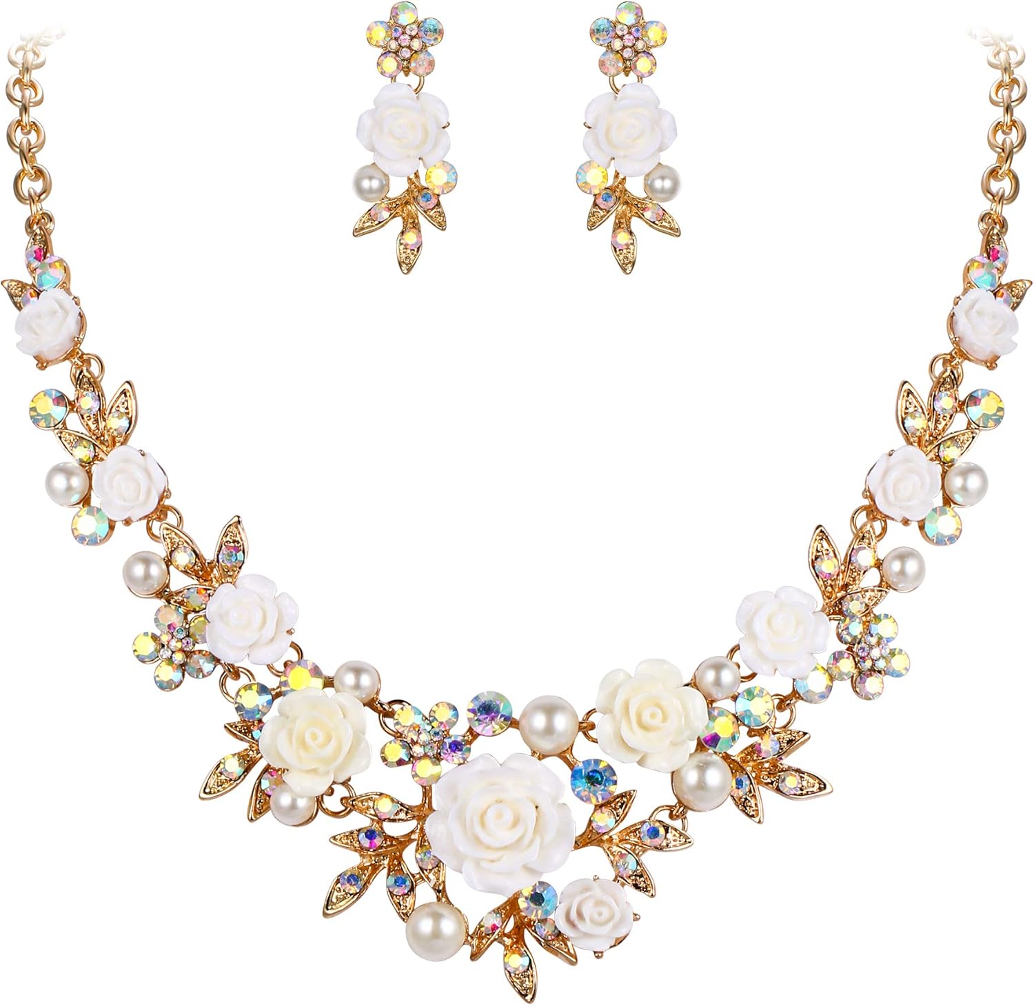 EVER FAITH Women's Austrian Crystal Simulated Pearl Rose Flower Leaf Necklace Pierced Earrings Set