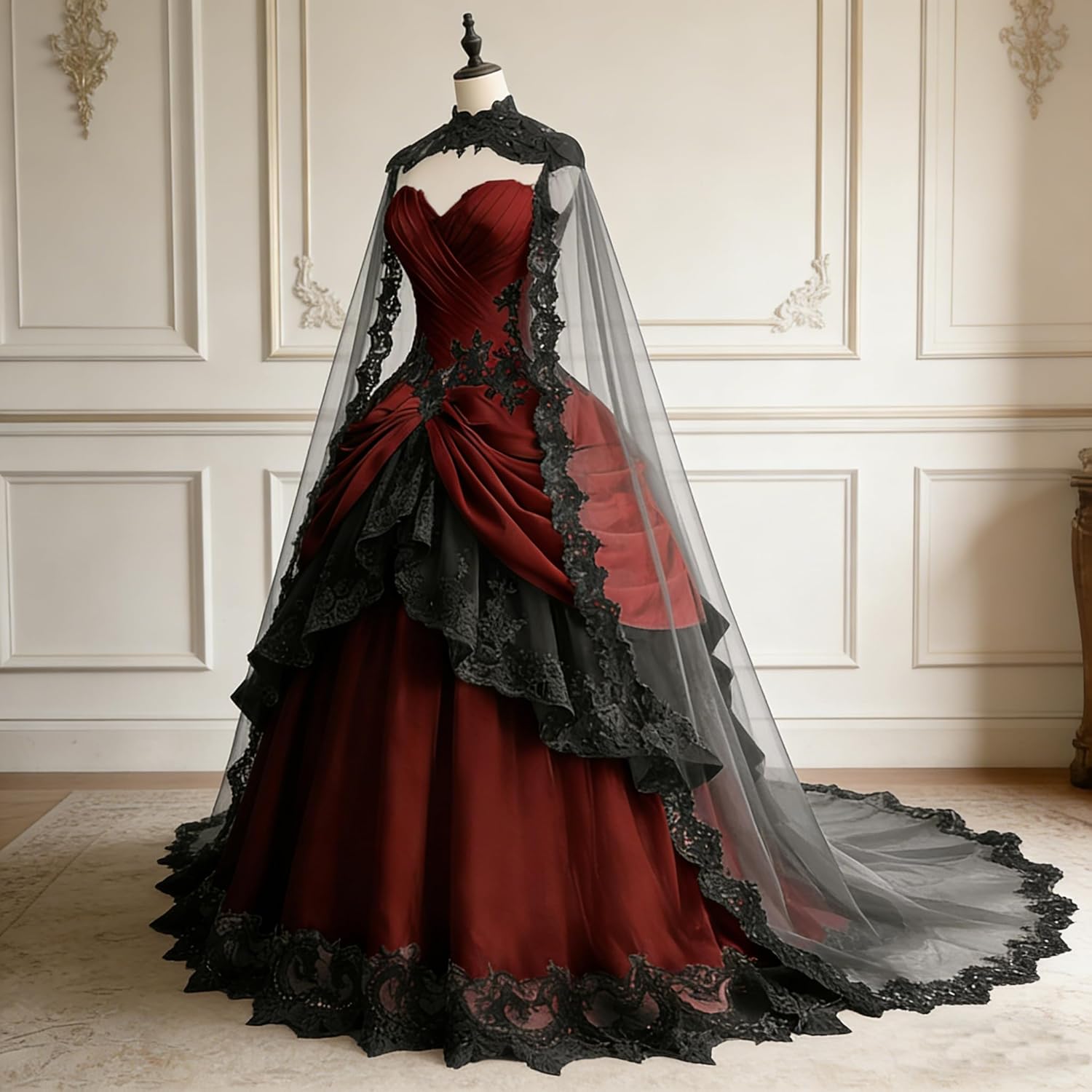 TRHTX Gothic Lace Appliques Wedding Dresses with Train Ruffle Satin Ball Gown Sweetheart Bridal Gown - Image 3