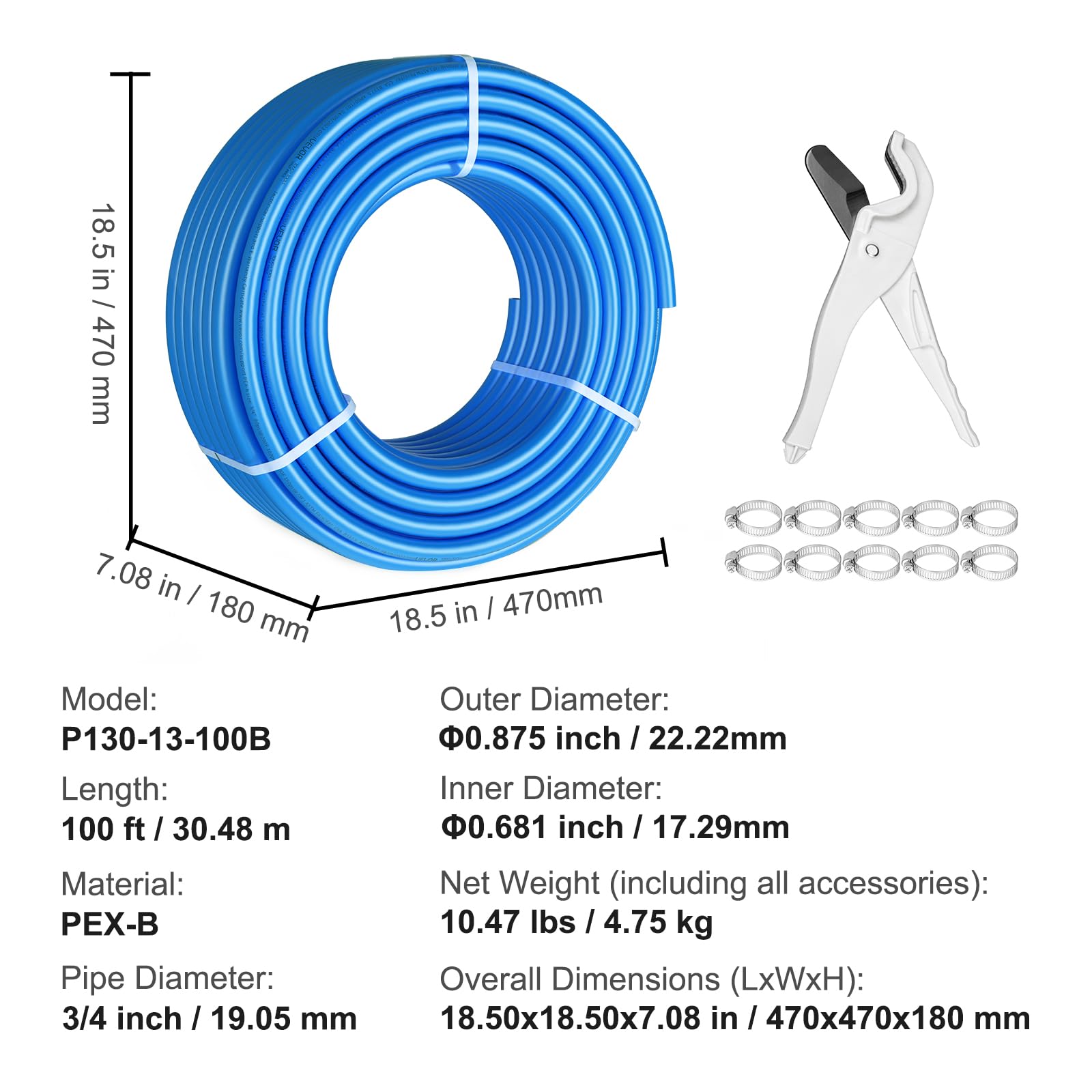 VEVOR PEX Pipe - Tubo flexible de 3/4 pulgadas, barrera sin oxígeno de 100 pies PEX-B para agua potable, para agua caliente/fría y restauración fácil, aplicaciones de fontanería con cortador y