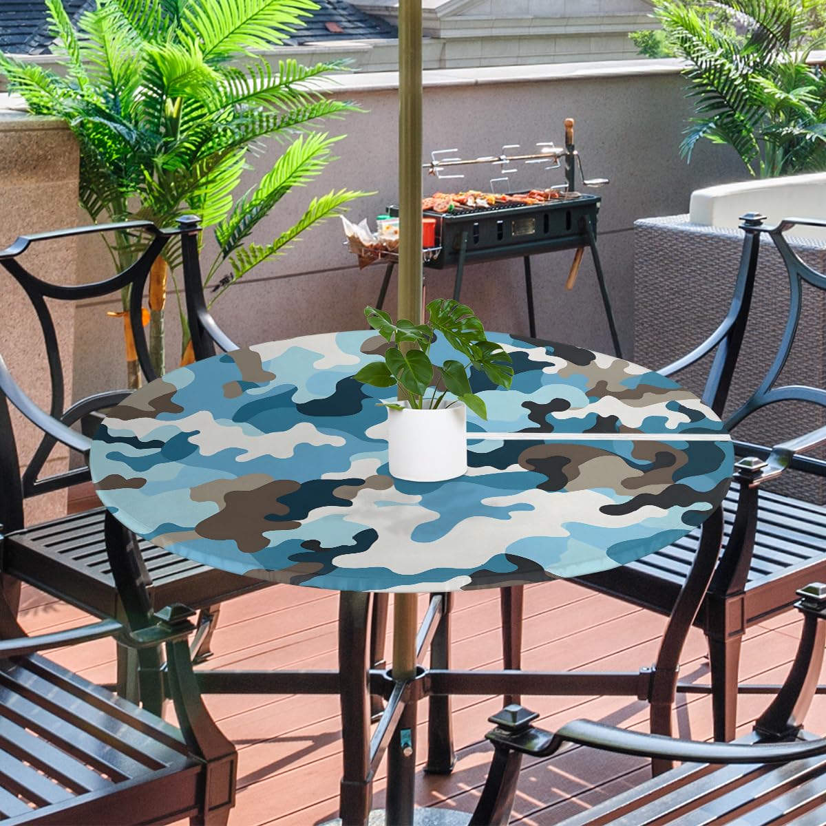 GzLeyigou Fitted Round Tablecloth with Umbrella Hole and Zipper Camouflage Print Outdoor Elastic Table Cloth 45