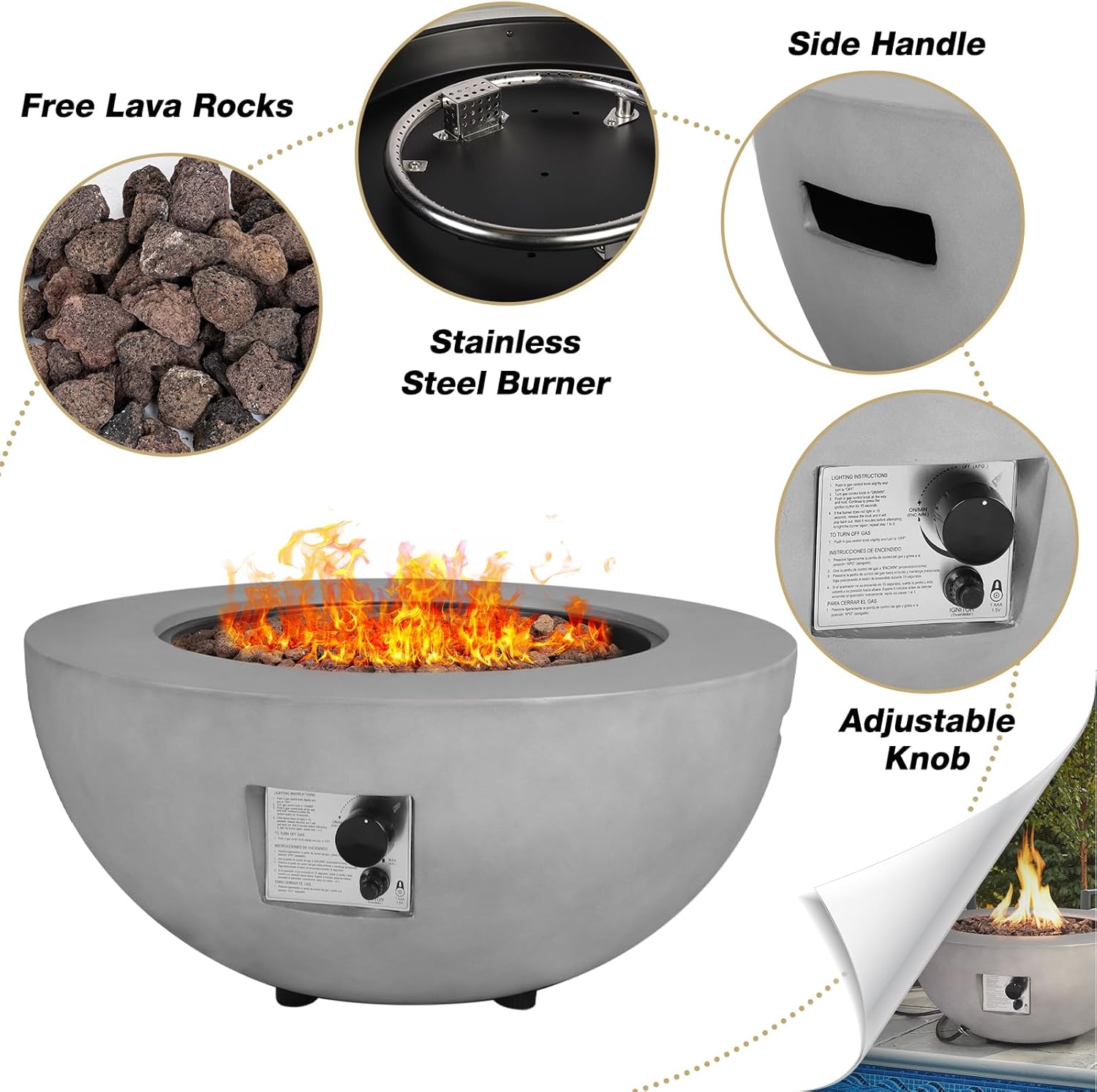 31.5" Round Propane Fire Pit Table,50,000 BTU Outdoor Gas Fire Table with Tank Cover & Lid,Gray Concrete Firepit for Patio,Backyard,Garden and Pool