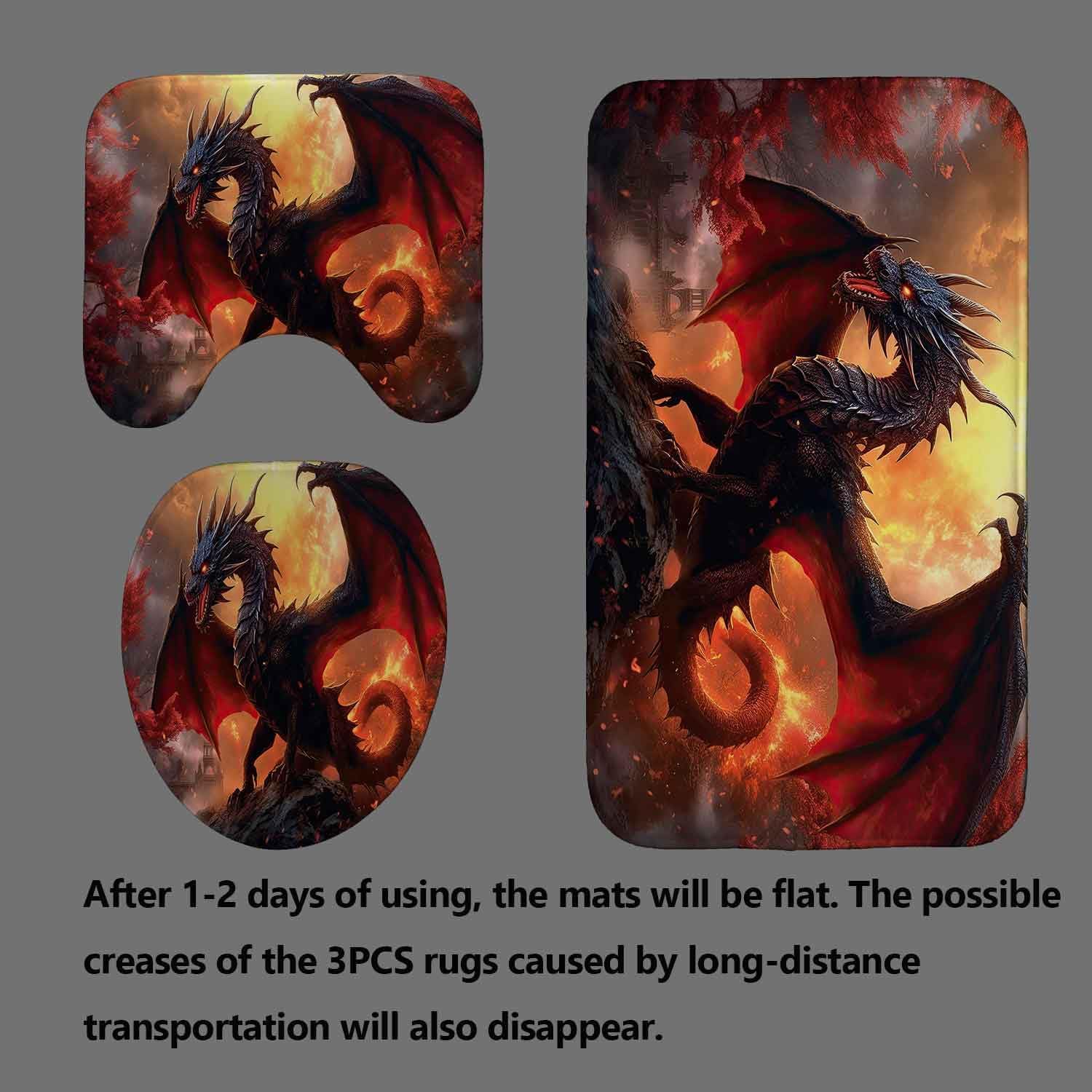 4PCS Fire Dragon Shower Curtain Set, Waterproof Fabric Shower Curtain, Non-Slip Bath Mat Bathroom Rugs, Red Floral Castle Flame Fantasy Magic Animal Medieval Creature Mythical Bathroom Decor