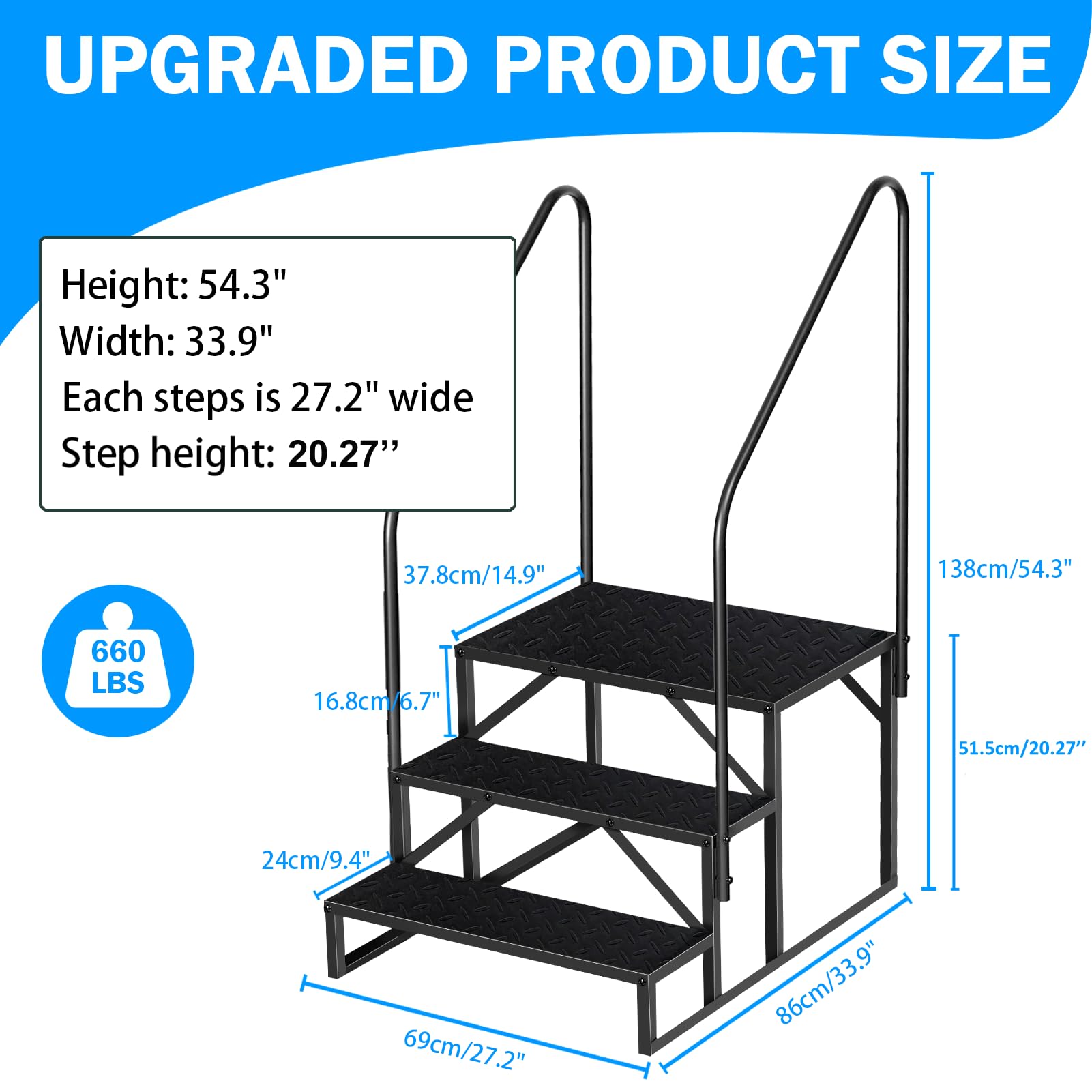 Escalera 3 peldaños con 2 Asa, Eescadote Antideslizante para Autocaravana, Estanteria Escalera Litera Caravana de Acero máx 300 kg