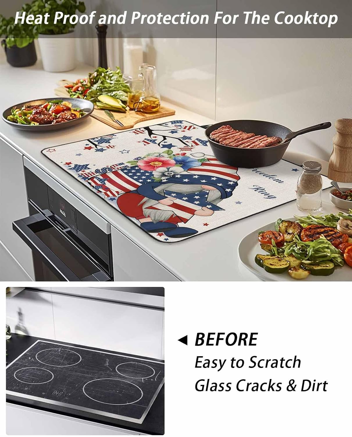 4th of July Stove Top Cover Patriotic Gnomes Stove Cover for Electric Stove Top Poppy Floral Eucalyptus Leaves Vase Glass Cooktop Covers Anti-Slip Mat Heat Resistant Countertop Protector 28.5"x20.5"