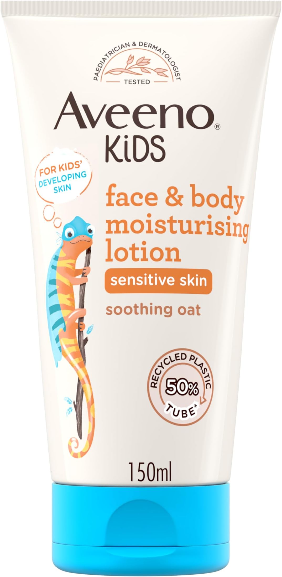 Aveeno Kids Face & Body Moisturising Lotion (1 x 150ml), Non-Greasy and Fragrance-Free Moisturiser Enriched with Soothing Oat, Face and Body Lotion for Kids' Sensitive and Developing Skin
