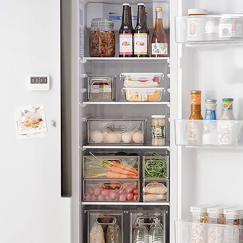 Miniatura 9 de MineSign Cajón apilable para nevera con asas, paquete de 3 recipientes grandes transparentes para alimentos con divisores extraíbles, caja de