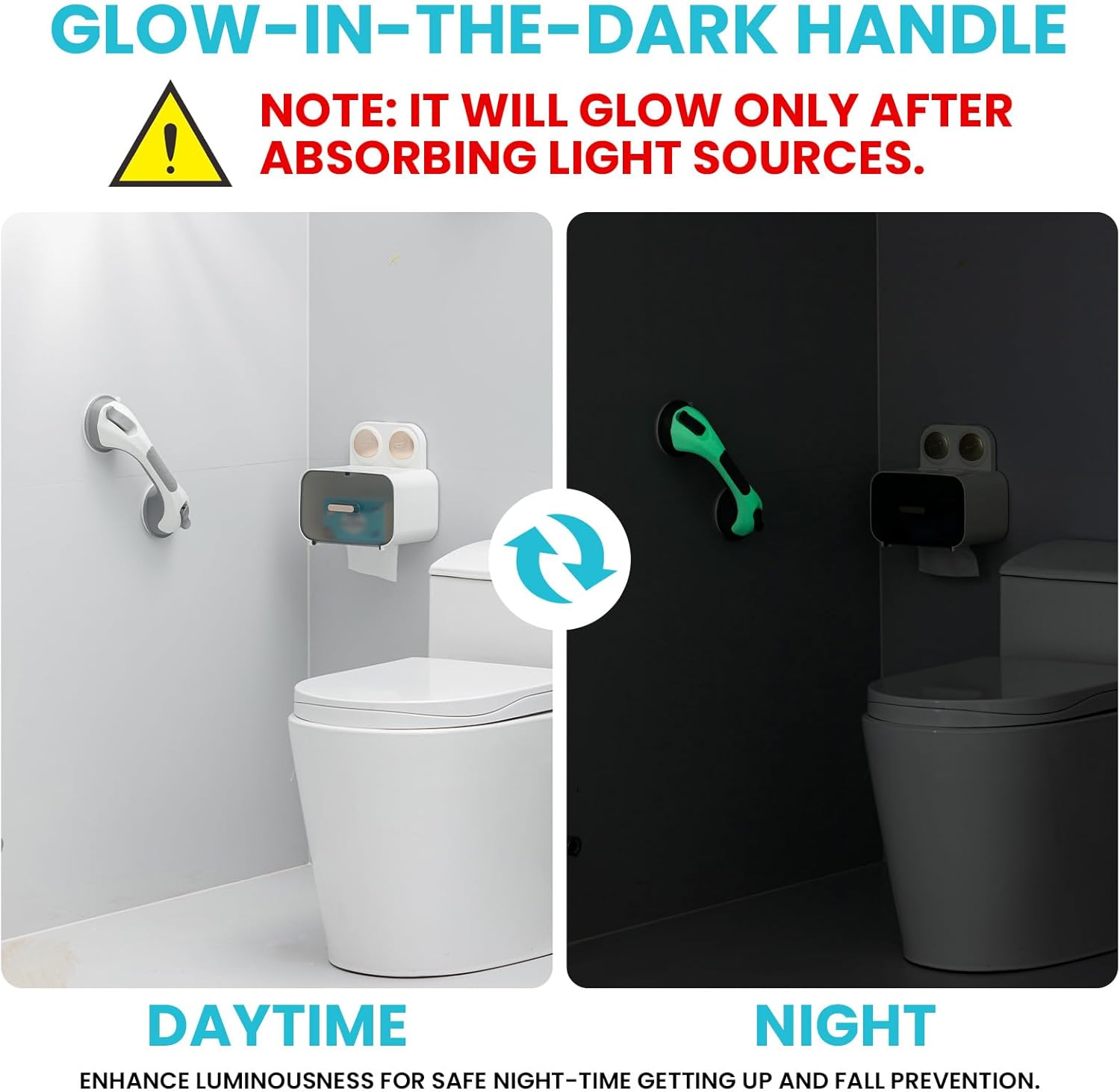 TAILI Shower Grab Bar Glow in The Dark, 2 Pack 12.2 in Grab Bars for Bathtubs and Showers,Shower Handles Shower Rails for Seniors and Elderly,Bathroom Safety Grip Removable No Drilling Waterproof Grey 12.2" Grey& Glow Green