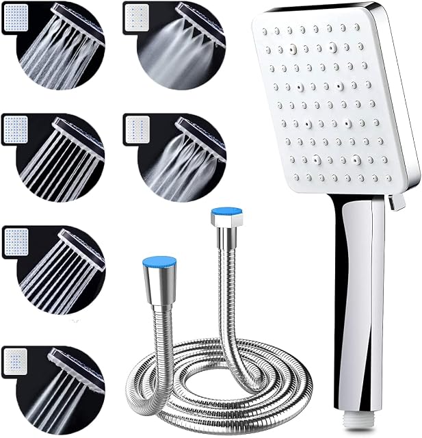 Shower Head and Hose, High Pressure Shower Heads with Hose Set 1.5m Water Saving Universal Handheld Shower Head with 6 Spray Modes Adjustable Power Showerhead for Low Water Pressure