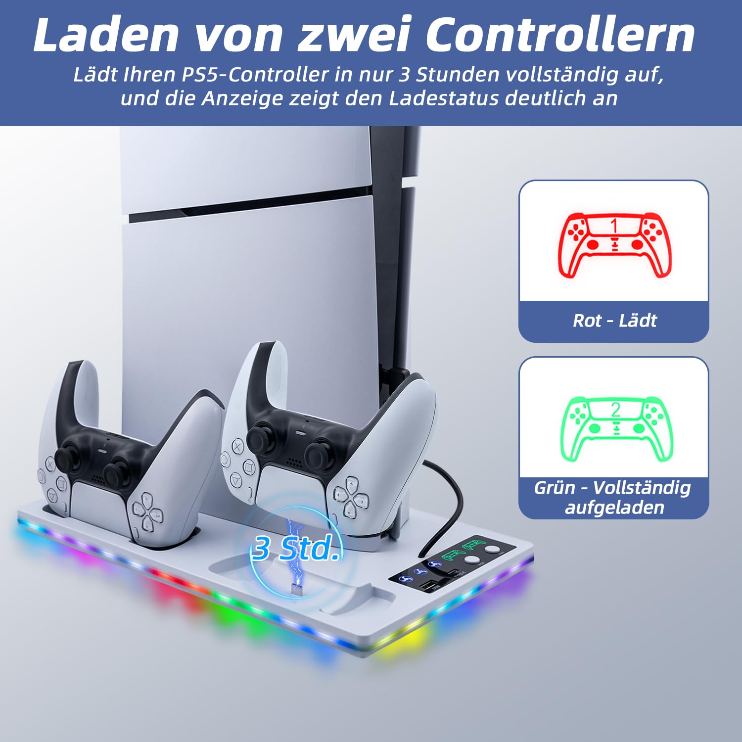 Wigearss PS5/PS5 Slim/PS5 Pro Kühler Standfuß mit Dual Controller Ladegerät, PS5 Controller Ladestation Standfuß mit Lüfter, RGB Licht für PS5/PS5 Slim/PS5 PRO UHD/Digital Edition