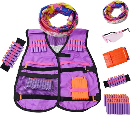 Kids Tactical Vest Kit for Nerf Guns Tactical Jacket Kit for N-Strike Elite Series with 50 Refill Darts Bullets Reload Clips Wrist Band Protective Glasses and Face Tube Mask for Girls Boys