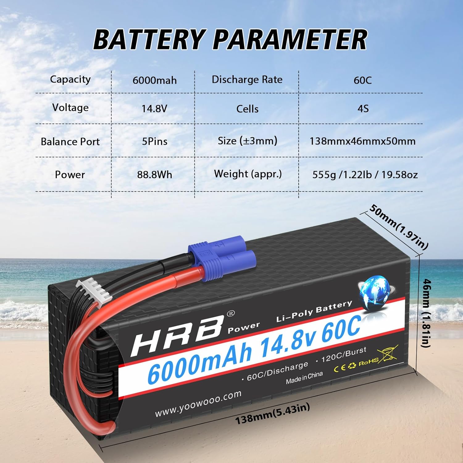 HRB 2pcs 4S 6000mAh Lipo Battery EC5 14.8V 50C Hardcase RC Lipo Battery Compatible with RC Car RC Plane RC Truck RC Boat