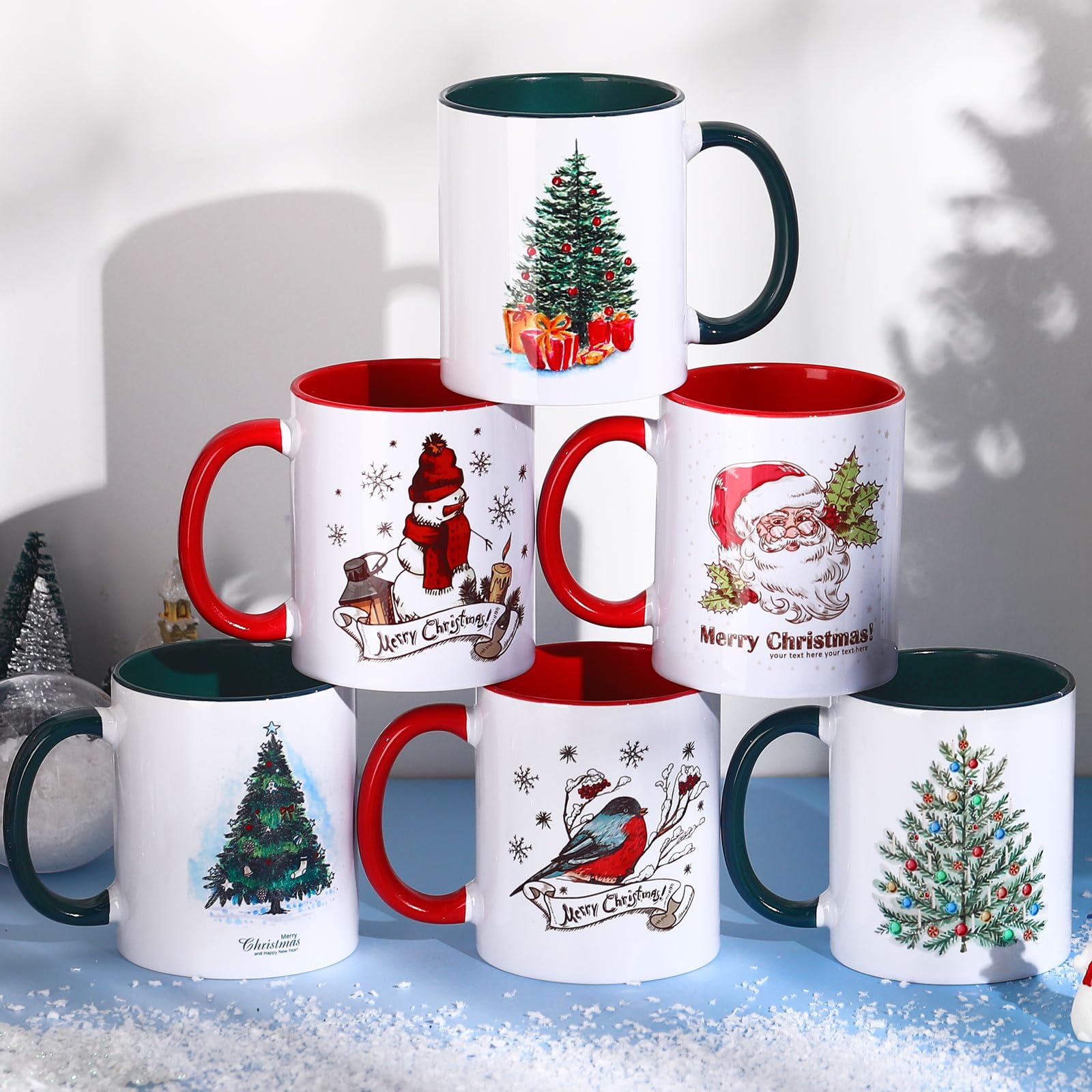 Zubebe Weihnachtliche Kaffeetassen, 6er-Set, 325 ml, Keramik-Kaffeetassen, Weihnachtsmann, Kakao, Milch, Tee, Feiertage, Weihnachten, Neujahr, Party, Dekoration, Geschenk für Frauen, Familie, Freunde,