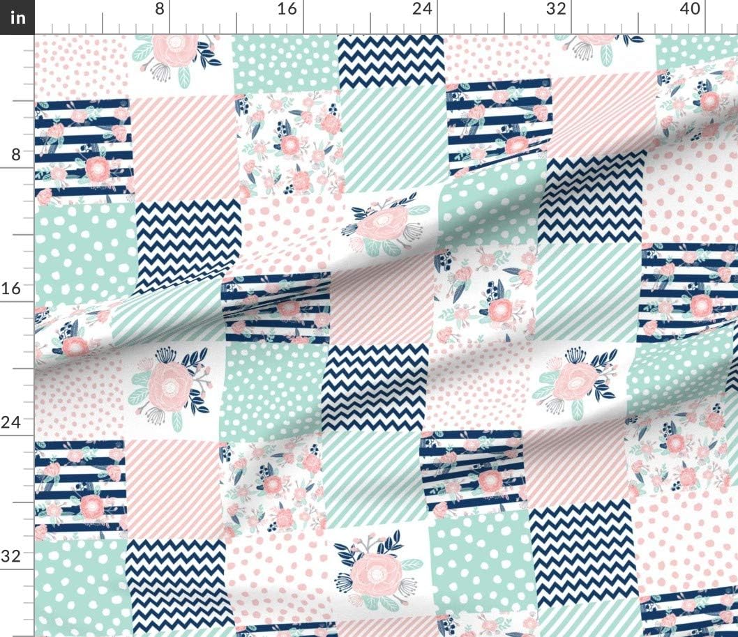 Spoonflower Fabric - Preppy Cheater Quilt Floral Wholecloth Chevron Pink Aqua Mint Topper Printed on Petal Signature Cotton Fabric by The Yard - Sewing Quilting Apparel Crafts Decor