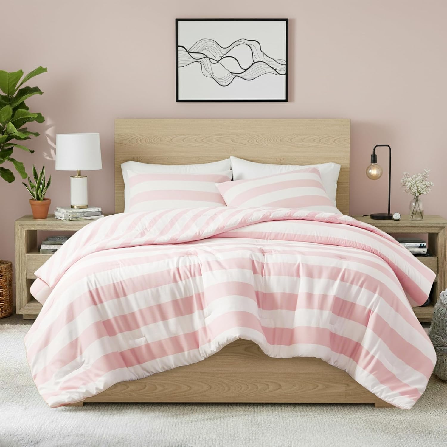 Reversible Striped Queen Comforter Set, Soft Microfiber Bedding Set with Double-Sided Stripes Design, Warm & Cozy for All-Seasons, 3-Piece Comforter and Shams Set Queen Size, Blush
