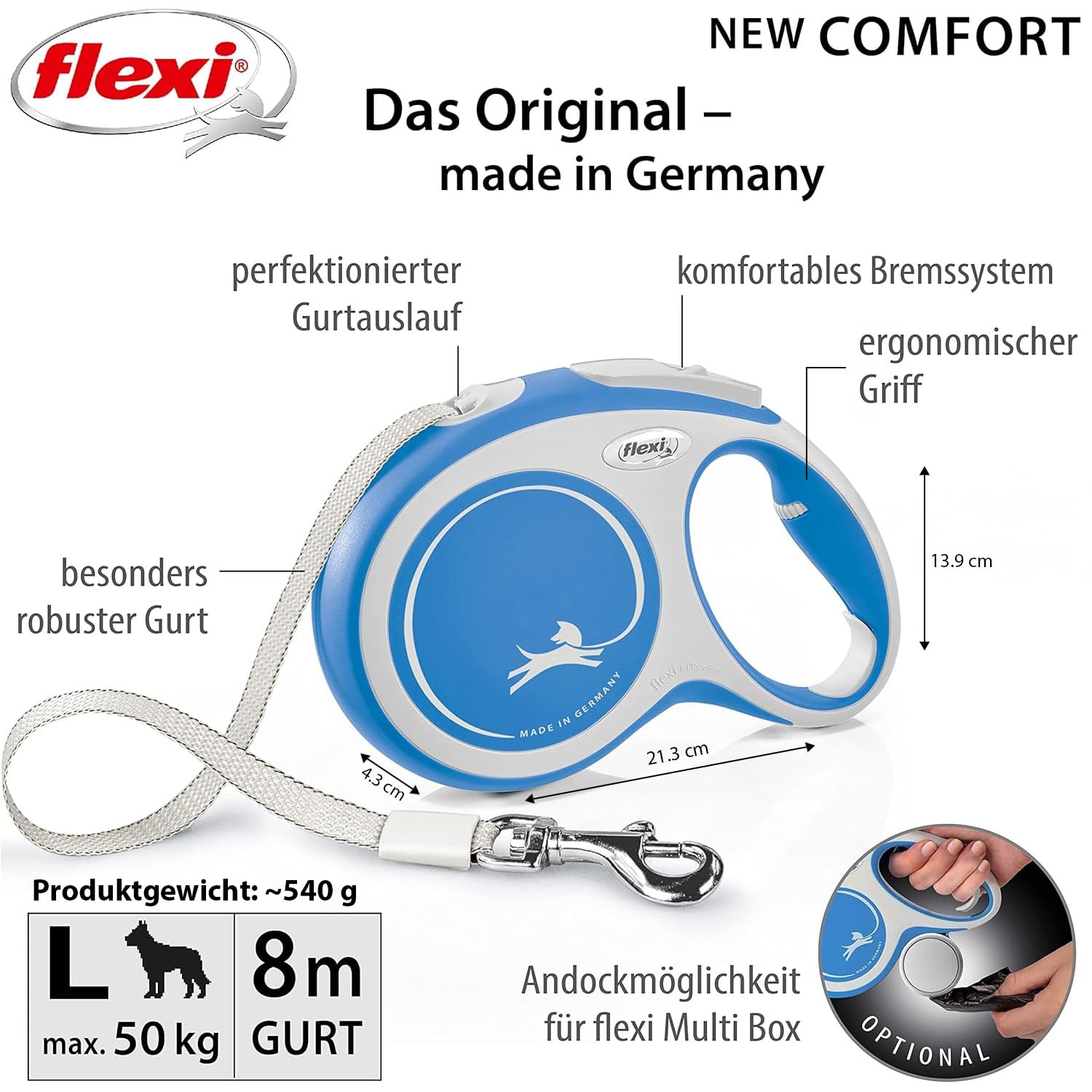 flexi® Comfort L | 8m Gurt Roll-Leine für Hunde bis 50 kg | Schwarz | ausziehbare Hundeleine | Gewicht 537.8 gr | Maße 13.9 x 21.3 cm