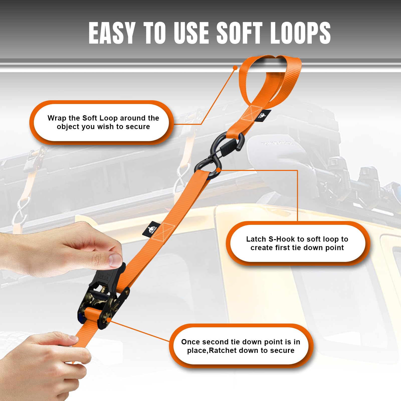 JACK BOSS Cinghie a cricchetto resistenti con resistenza alla rottura, 997,9 kg, confezione da 4 – 4,5 m, cinghie a cricchetto con gancio di sicurezza a S, per dispositivi mobili moto, ATV, camion,
