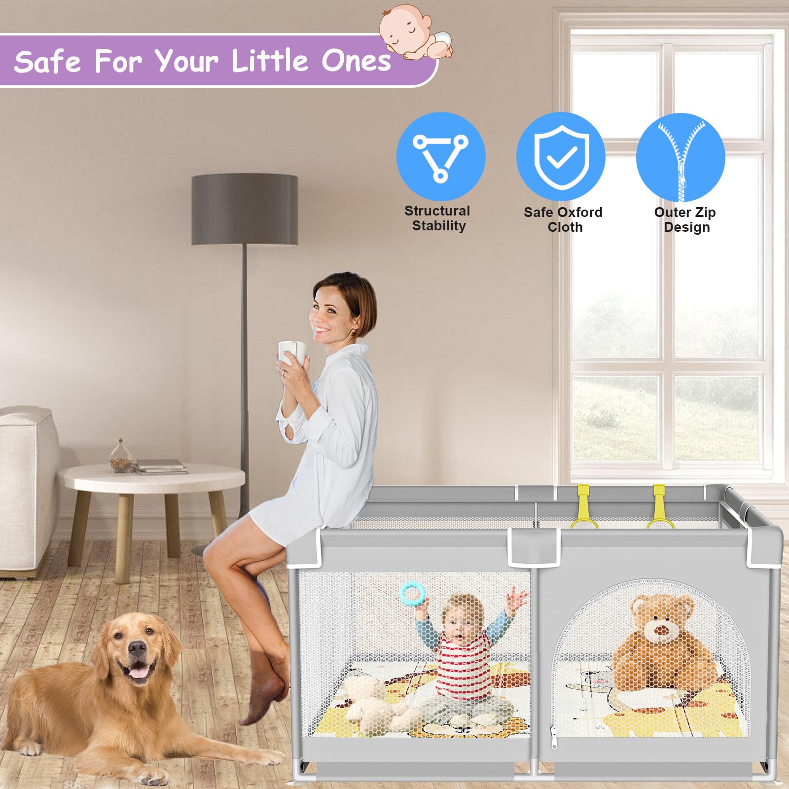 GERCHAM Babybox Met Speelmat 120x120cm - Draagbare Kinderspeelplaats Met Veiligheidshek