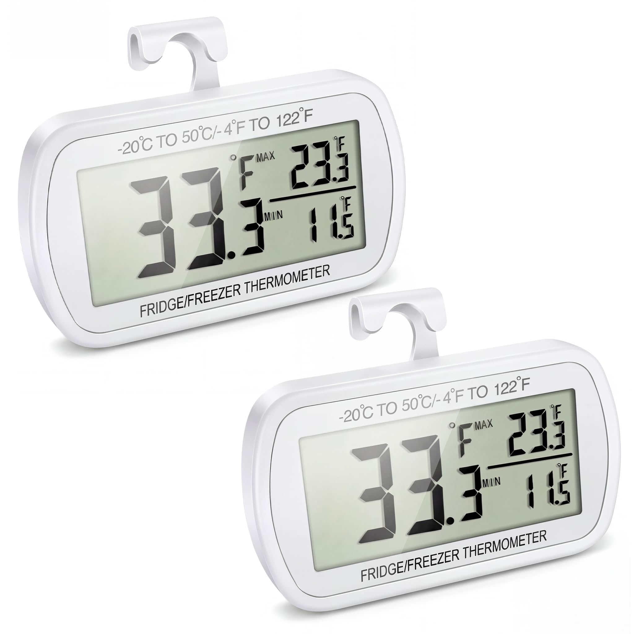 Waterproof Refrigerator Fridge Thermometer, Digital Freezer Room Thermometer, Max/Min Record Function Large LCD Screen and Magnetic Back for Kitchen, Home, Restaurants (2 Pack)