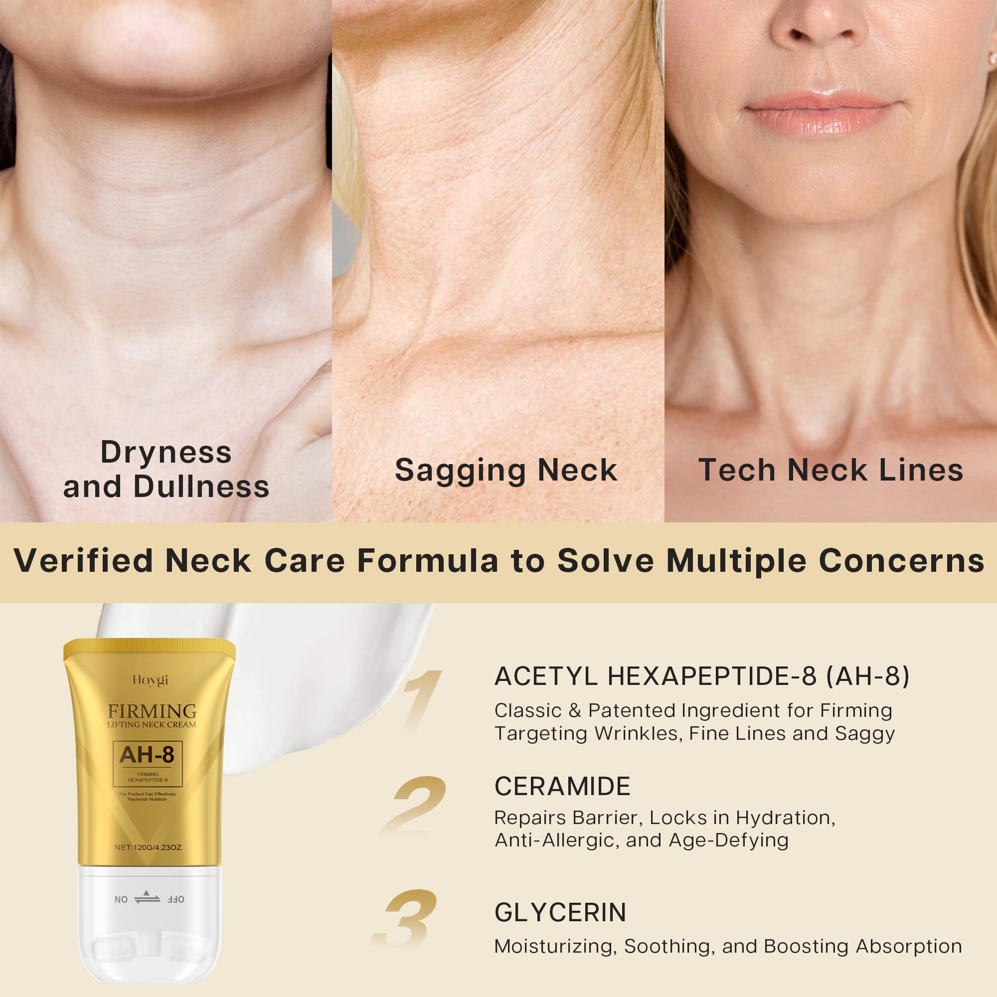 VRAIKO HOYGI AH-8 Firming Neck Cream, 2-in-1 Guasha Neck Moisturizer with Roller Applicator, for Saggy Skin Double Chin - Image 3
