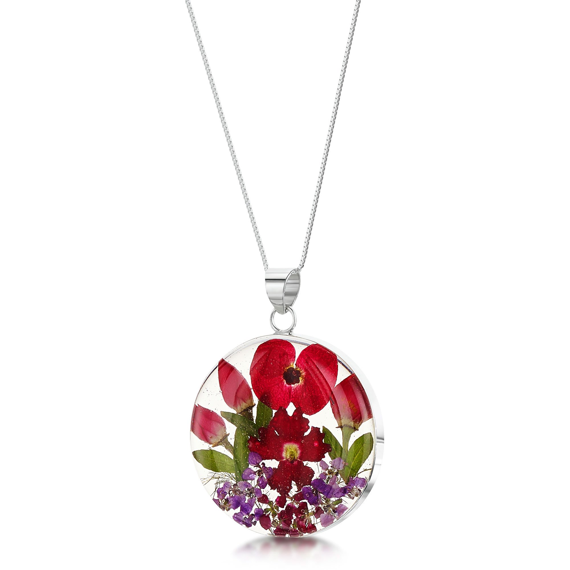 Shrieking Violet® - Collana in argento Sterling fatta a mano con veri fiori – collezione Bohemia – Poppy & Rose – Ciondolo rotondo con catena