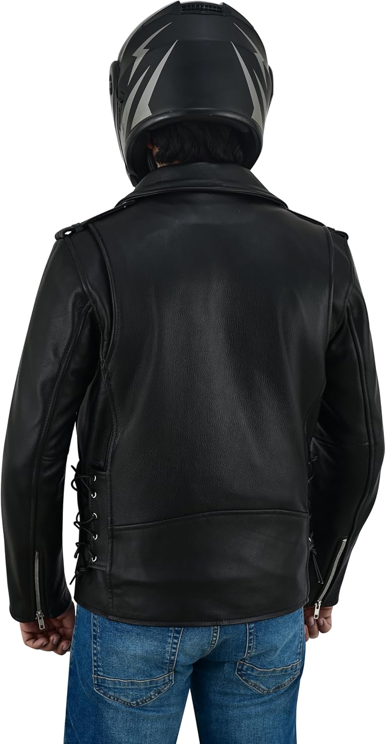 Men's Motorcycle Brando Leather Jacket 100% Cowhide Distressed Zip Up Leather Side Lacing Motorbike Jackets - Image 5
