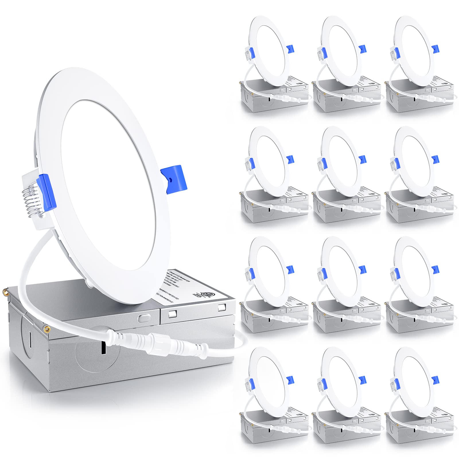Ensenior 12 Pack 4 Inch LED Recessed Ceiling Light, Dimmable, 4000K Cool White, 750LM 9W 120V, High Brightness Canless Wafer Downlight - ETL&FCC&IC