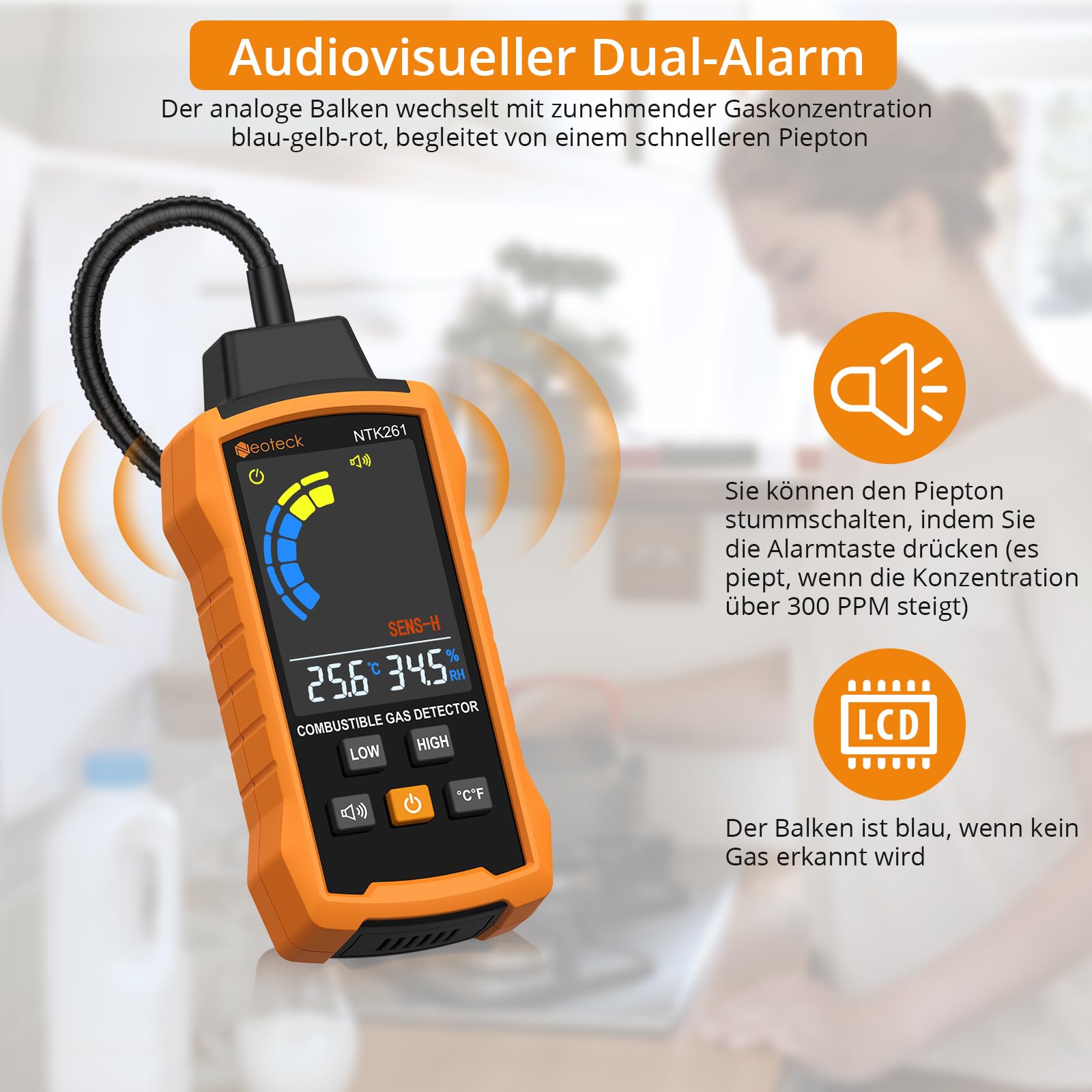 Neoteck Erdgasdetektor Gasleckdetektor mit 12" Schwanenhals Detektor für brennbare Gase mit akustischem und optischem Alarmtest Methan, Propan, Benzin, CO, Erdgas für Gaspipelines Gasherd Wohnmobil