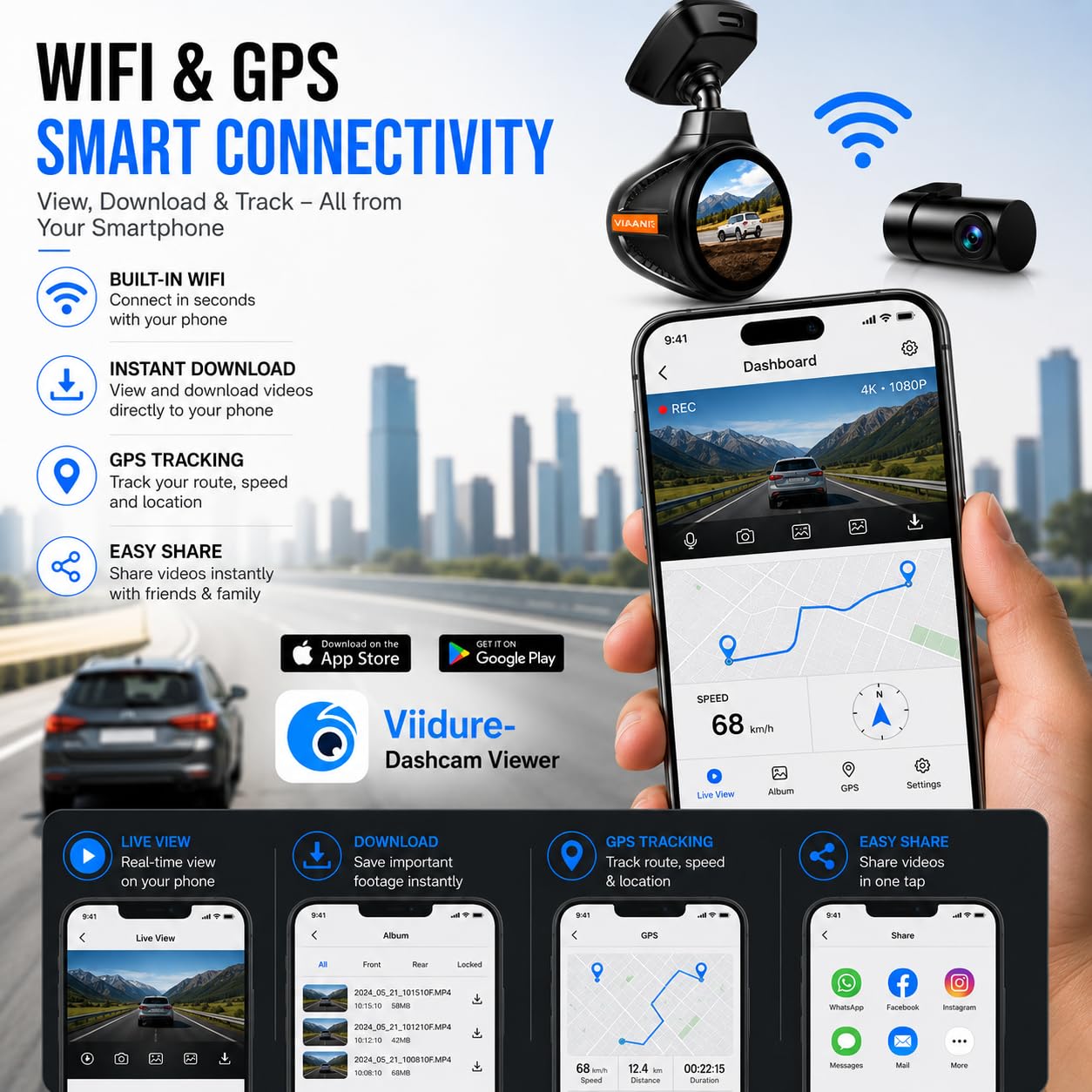 Dash Cam for Car Front and Rear | VAHAN | 4K Front + FHD Rear | Built-in GPS & WiFi | STARVIS Night Vision | WDR | 24H Parking Monitor | G-Sensor | Loop Recording | 140Β° Wide Angle | 64GB Included 4