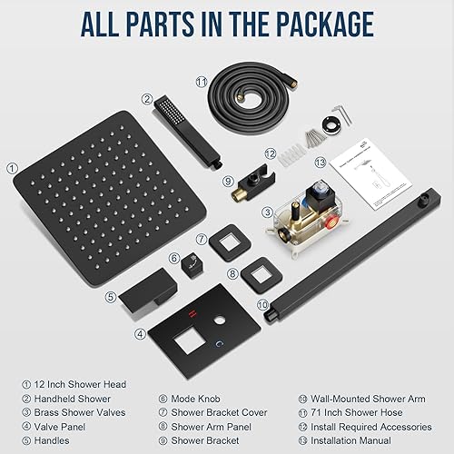 Miniatura 8 de Baetuy Sistema de ducha negro, juego de grifo de ducha cuadrado para baño, cabezal de ducha de lluvia y mango, accesorios de ducha montados en la