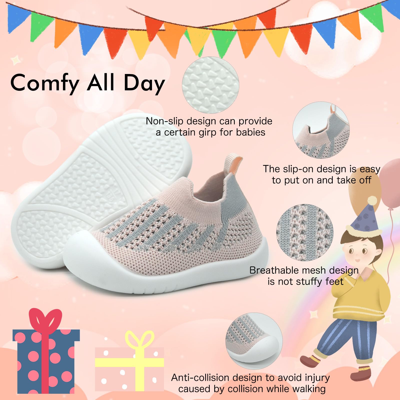 Baby Sockenschuhe Lauflernschuhe Krabbelschuhe für Mädchen und Jungen im Alter von 6-36 Monaten mit weich gestricktem Material und Rutschfester Gummisohle