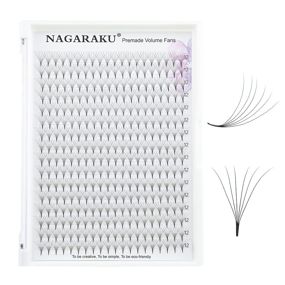 NAGARAKU Premade Fans Eyelash Extensions 320 Fans 6D Volume 0.07mm C curl 12mm Sharp Narrow Stem Clusters Thin Pointy Base Russian Pre Fanned Fluffy
